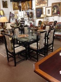 BLACK FAUX BAMOO GLASS-TOP DINING ROOM TABLE WITH SIX CHAIRS (TWO ARMS)