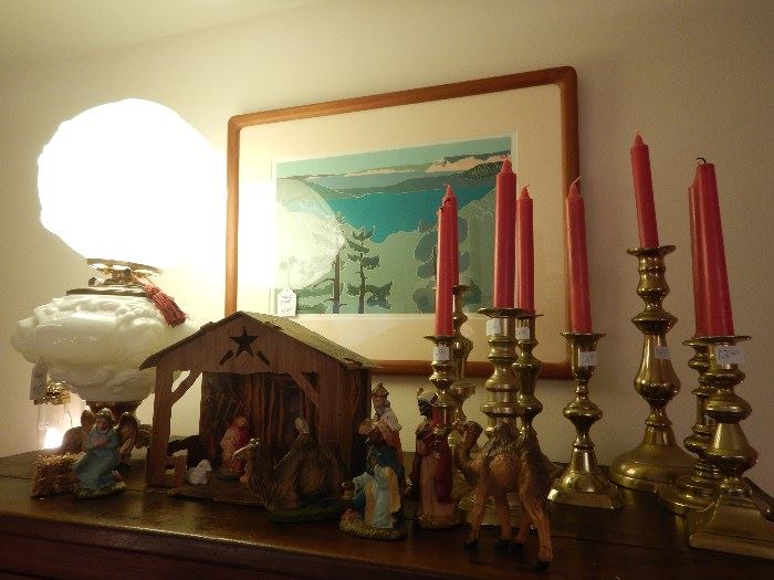 Antique Lamps and Lots of Brass Candlesticks
