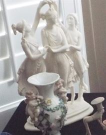 CARVED BASALT "THE THREE GRACES" AND MEISSEN LIKE PUTTI VASE