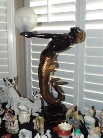 AUTHENTIC 1930'S ART DECO COMPOSITE LARGE BLACK MERMAID LAMP (THE SHADE IS NEWER AND DOES NOT REALLY LOOK RIGHT) BUT SHE IS INCREDIBLE!!!