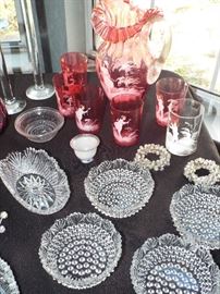 ANTIQUE SANDWICH GLASS WORKS IN BOSTON 1870 CRANBERRY MARY GREGORY WATER SET AND MORE PITTSBURGH GLASS