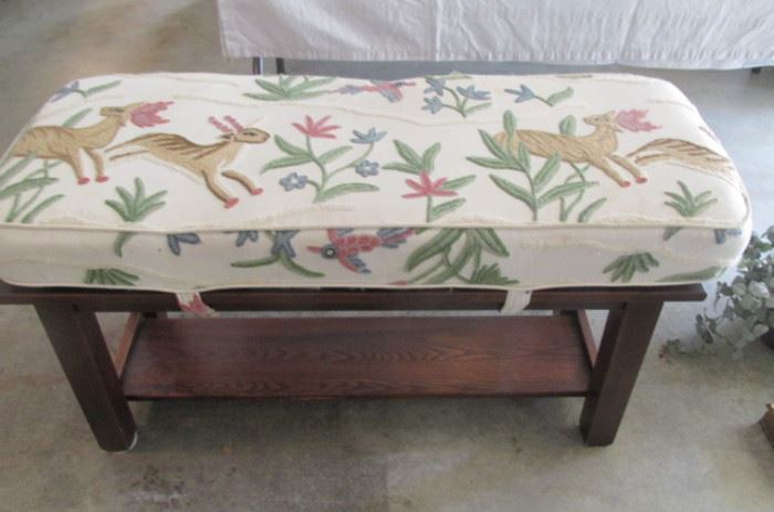 Mahogany bench with embroidered fabric cushion