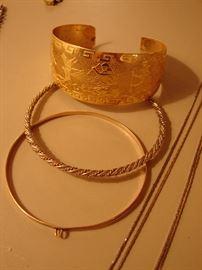10k James Avery charm banlge, silver twist bangle and mystery bracelet. Sterling chain.