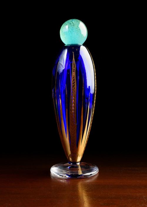 Daum Nancy perfume bottle, Approx. 7" high. Dauber intact. Gorgeous. Estimate $1,200 to $1,500. On view in the Estate Sale Gallery now. From the Estate of a well known Texas socialite.