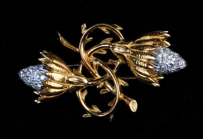 Tiffany brooch, signed with appraisal. Diamond and 14k. Estimate $1,500 to $2,000. On view in the Estate Sale Gallery now. From the Estate of Ruby Woods.