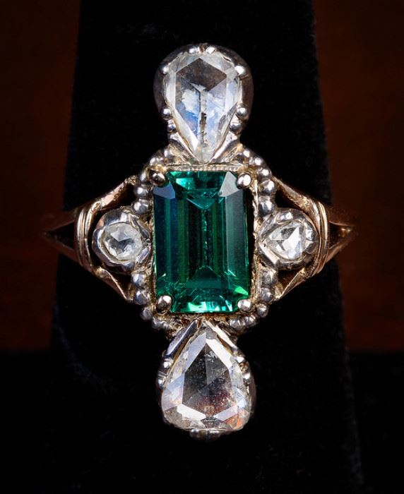 Tourmaline antique mine cut diamond ring. Small scale. Not large as appears in photo. Estimate $600 to $750. On view in the Estate Sale Gallery now. From the Estate of a Southern Lady.