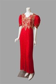 Red beaded gown with the Martha label.