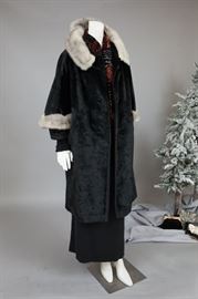 Fabric coat with bell sleeves and under sleeve. Silver mink collar and scalloped cuffs. Leslie Caron style.