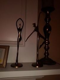 Art Deco bronze/brass dancing figurines. Large brass candlestick.