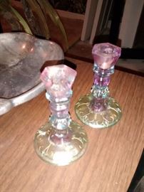 Iridescent watermelon depression glass candle sticks.(One has a chip)