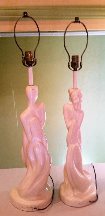 MCM Pair "Reglor of California" Stylized Woman & Man Nude Table Lamps. 1951