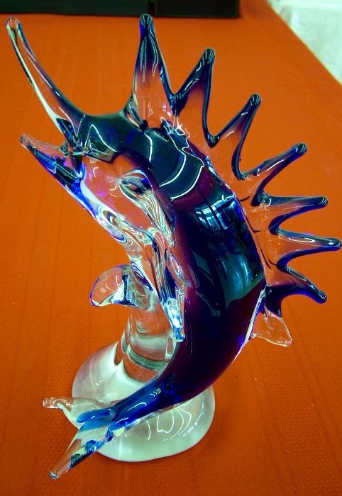 12" art glass sailfish on vaseline stand