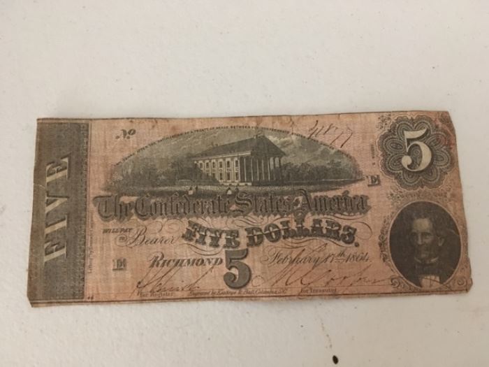 Five 5 Dollars Confederate States of America 1864