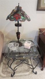 Tiffany style lamps (pair) and glass/metal side tables