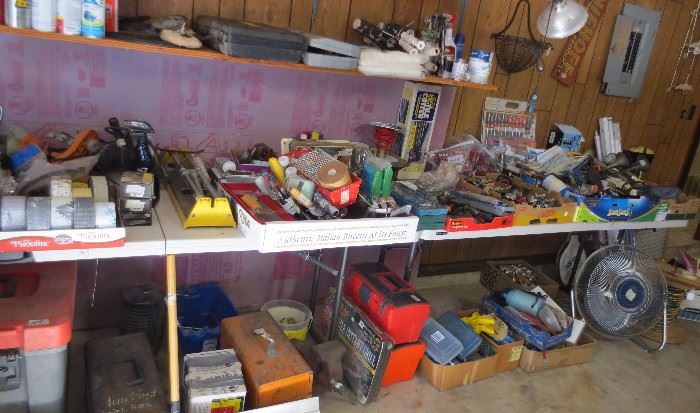 Painting tools and supplies, reels, tool boxes, etc.