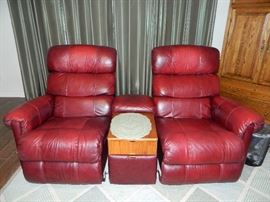 Two (2) sets of these great red leather reclining chairs with matching tables!