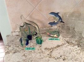 Set of 3 glass figurines - hand painted fish. 1 glass dolphin figurine