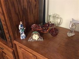 Glass pitcher, Godinger clock, and Harley motorcycle replica