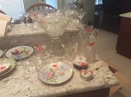 Painted glass plates, Starburst punch bowl with stand & cups. Also have a glass ladle, but it is not in a starburst design