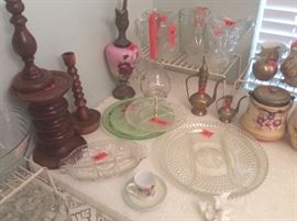 Vintage collectibles - metal & painted Rose Ewer, divided condiment dish, cup & saucer hand painted, brass urns, vintage biscuit jar with metal lid, various pitchers in several sizes