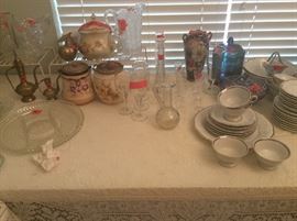 Blue and multi colored irredescent Carnival glass, small set of hold rimmed dishes & lots more!