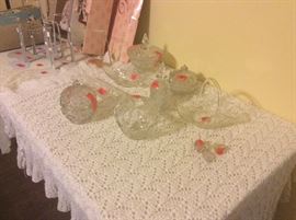 Pressed glass candy dishes, basket, cracker tray
