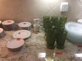 Additional set of dishes & set of 11 green glasses