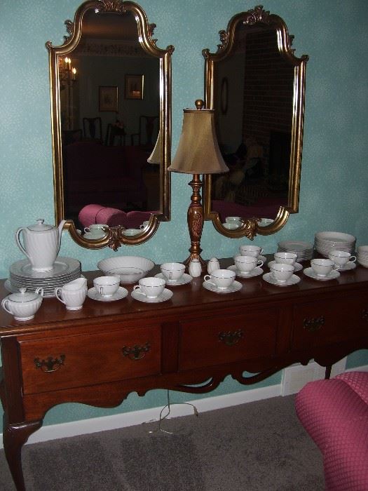 Hickory chair co. buffet, mirrors, lamp and Empress china set.