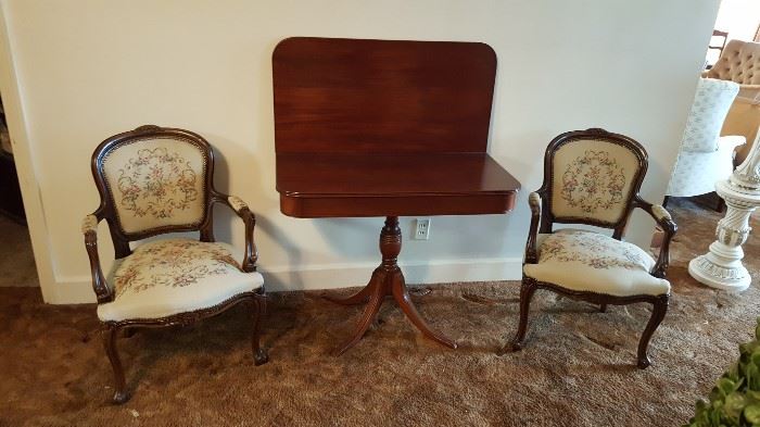 Provincial Arm Chairs with tapestry seat and back shown with Mahogany game table