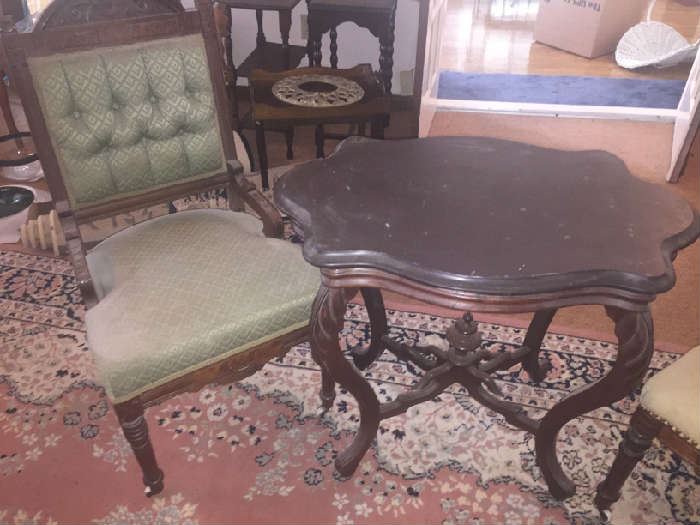2 Eastlake chairs with black marble top Parlor table
