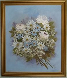 Original Oil on Canvas Floral Still Life, Roses & Daisies Bouquet by Vi Perry in gold wood frame (23'W x 27")