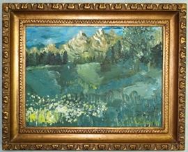 Original Pallet Knife Oil on Canvas Original Art Work, "Mountain Reflections" Landscape by Ruth Hughes in Gold Leaf Frame (20.5"W x 16.5'H)