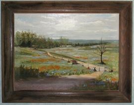 Original artwork on canvas board "Texas Bluebonnet Landscape" by Texas Artist Betty Myers (24" X 18") Wood Frame (29" X 22 1/2")