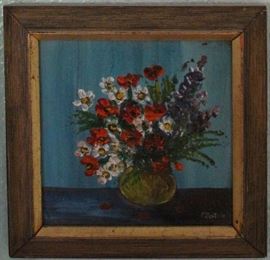 Original Artwork on Canvas Board Signed by Artist Rozer?? in Wood Frame (7.5" x 7.5")