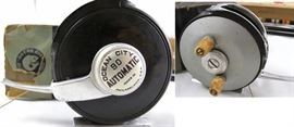 Close up of Ocean City Fly #90 Automatic Reel in Original Box showing both sides