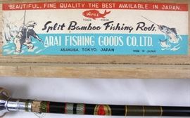 Original label on the Antique Arai Fishing Goods Co. Split Bamboo Fishing Rod Wood Box