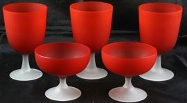 Vintage Satin Glass: Red Bowl with White Stem Ice Tea Goblets (10) and Sherbets (6)