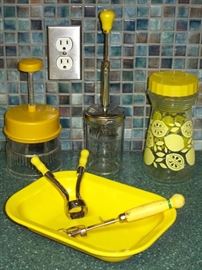 Yellow Kitchenware: Chop-o-Matic, Hazel Atlas Glass Measuring Jar Chopper, Lemonade Pitcher, Texas Ware Rectangular Vegetable Bowl and "Tool Steel" Wood Handle Can Opener & Citra Product, Winter Haven, Florida Corer