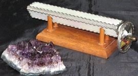 J. Delvin Style Art Glass Kaleidoscope 9.5" in Wood Stand shown with Amethyst Geode Piece (4"x 5")
