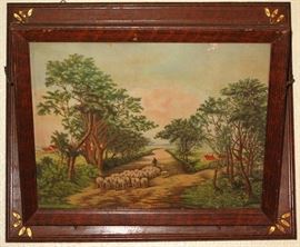 Antique "Changing Pastures" Print Wood Framed Wall Mount Magazine Pocket/Rack (18"W x 15"H)