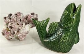 Ceramic Green Glazed Fish and Large 8" Barnacles Cluster