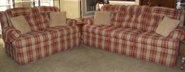 La-Z-Boy Red Plaid Upholstered Sofa and Love Seat. Love Seat is 2 Recliners and Sofa has Recliners on each end. Great Condition!