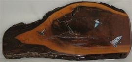 Original Artwork on Cedar Slab by J. Yancey, Mallard Ducks in Flight (28"W x 13"H) Wall Plaque