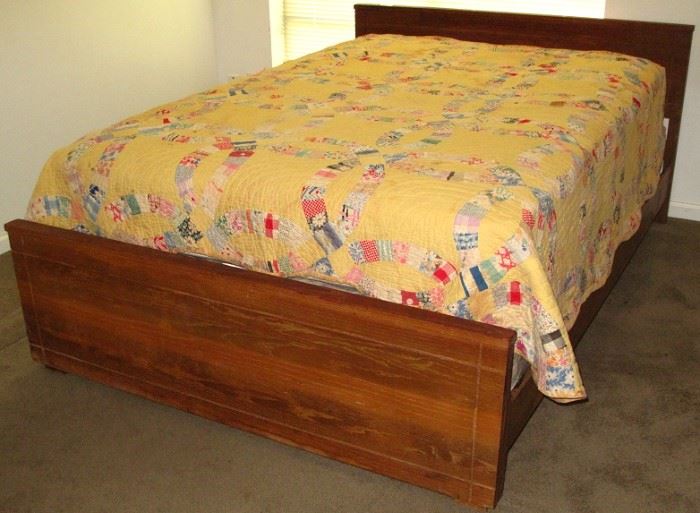 Antique "Double Wedding Ring" Quilt shown on a Ranch Oak Full/Double Bed (Dallas Texas). Spring Air "Splendor" Back Supporter extra thick Full Mattress and Box Spring.