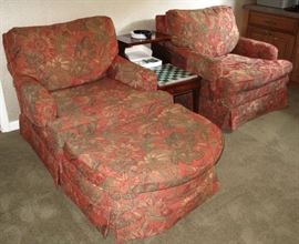 Vintage Orange Floral Upholstered Easy Chairs (2) with Ottoman