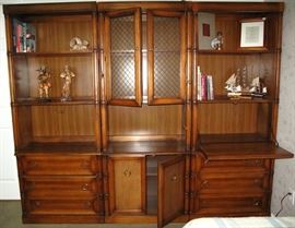 Walnut Stain 3 Section Wall Unit with Wick Panel Doors and Front Front Desk Section