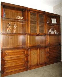Second View of Walnut Stain 3 Section Wall Unit with Wick Panel Doors showing Front Front Desk Section Closed