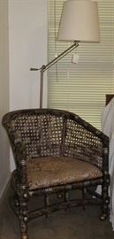 Vintage (1980's) Cane Back Mahogany (has been painted) Barrel Chair and a Chrome adjustable Floor Lamp