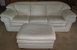 Natuzzi Genuine Leather Ecru Sofa with Ottoman.
