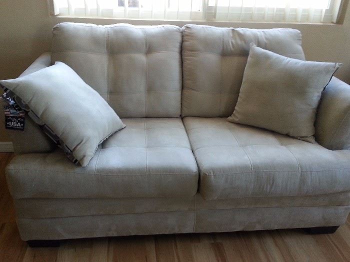 sofa, love seat, tan faux suede